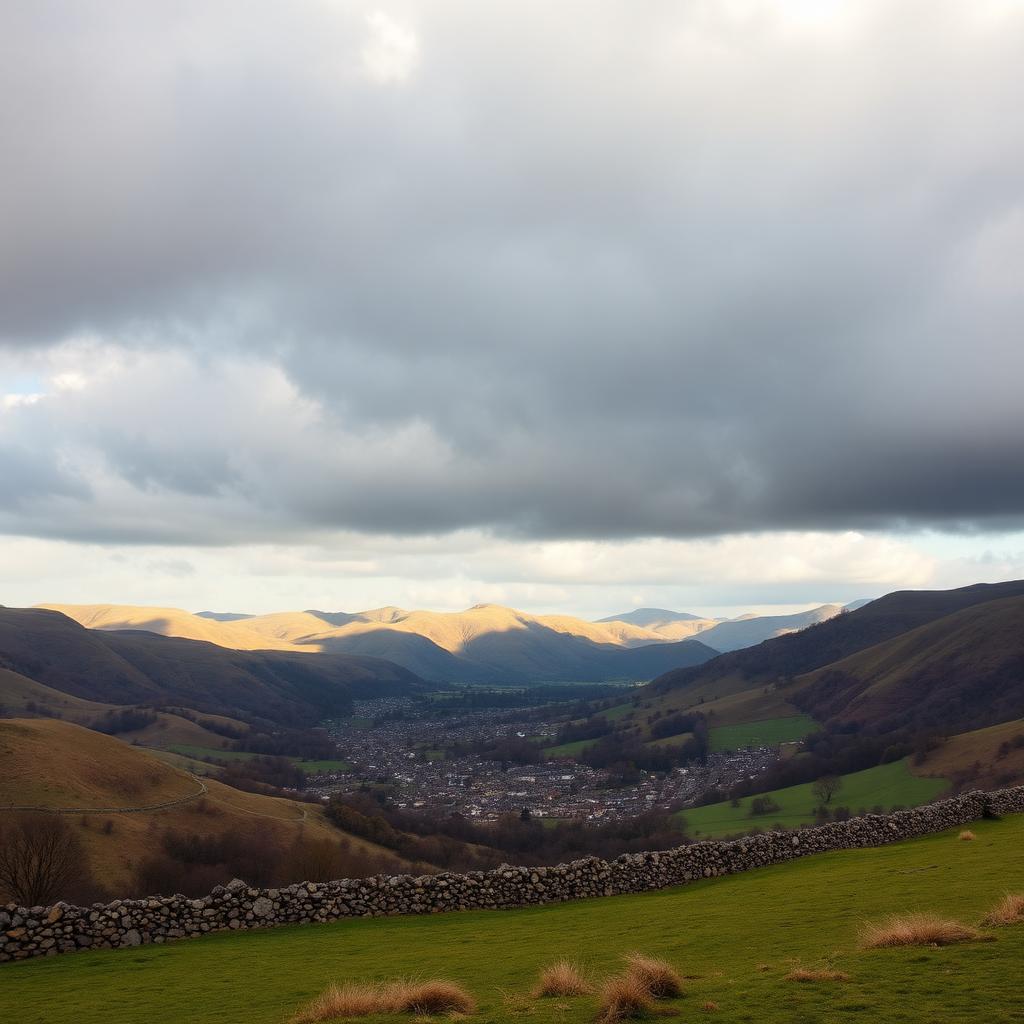 Rolling Brecon Beacons above the town of Brecon in Powys, Wales