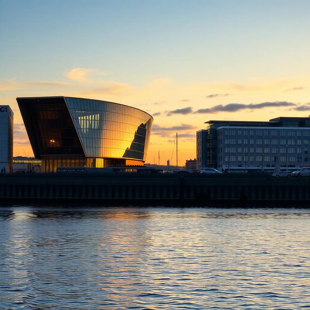 Cardiff Bay waterfront with the Wales Millennium Centre at golden hour