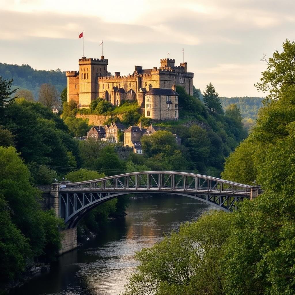 Chepstow Castle on the cliffs above the River Wye with the arched iron road bridge