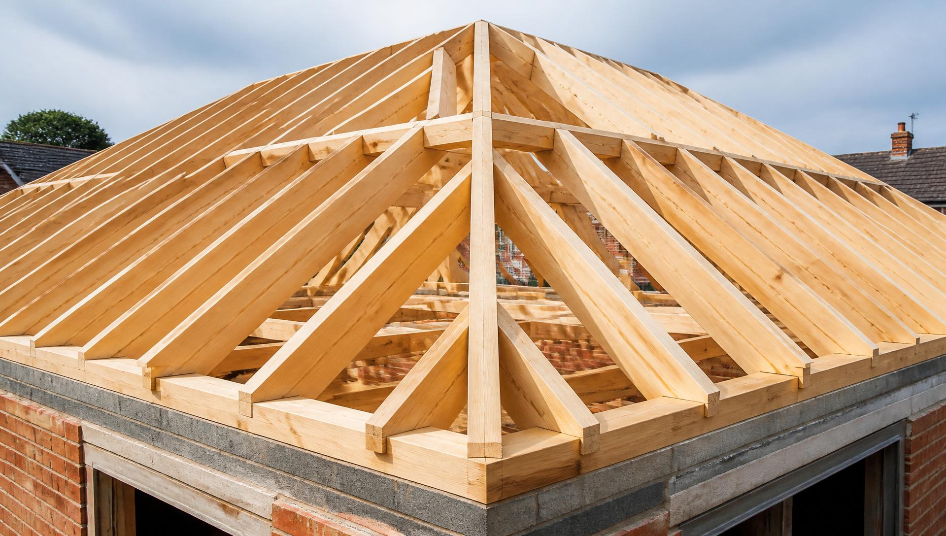 Traditional hand-cut pine roof structure on a UK residential extension