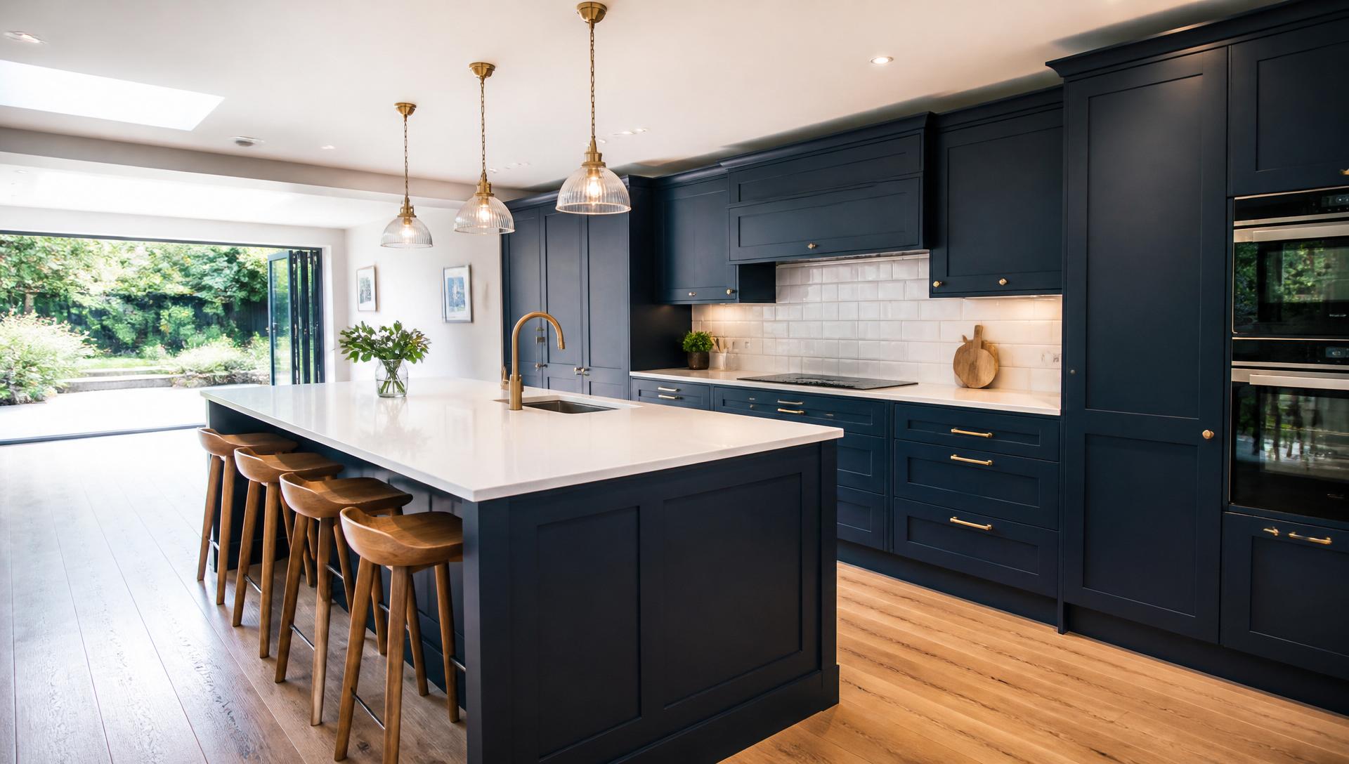 Completed shaker-style navy kitchen fit with quartz worktop and brass hardware