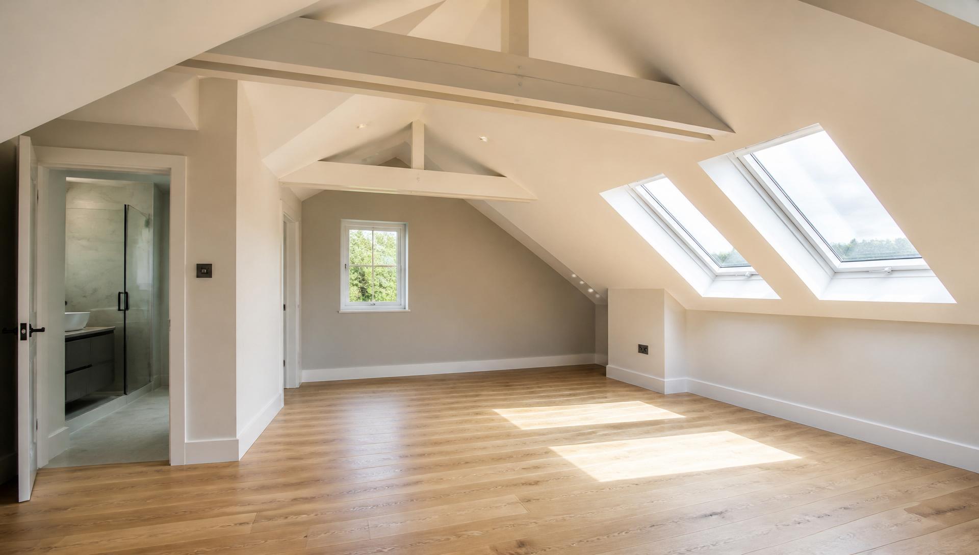 Completed UK loft conversion with sloped ceiling, exposed painted purlins and Velux roof windows