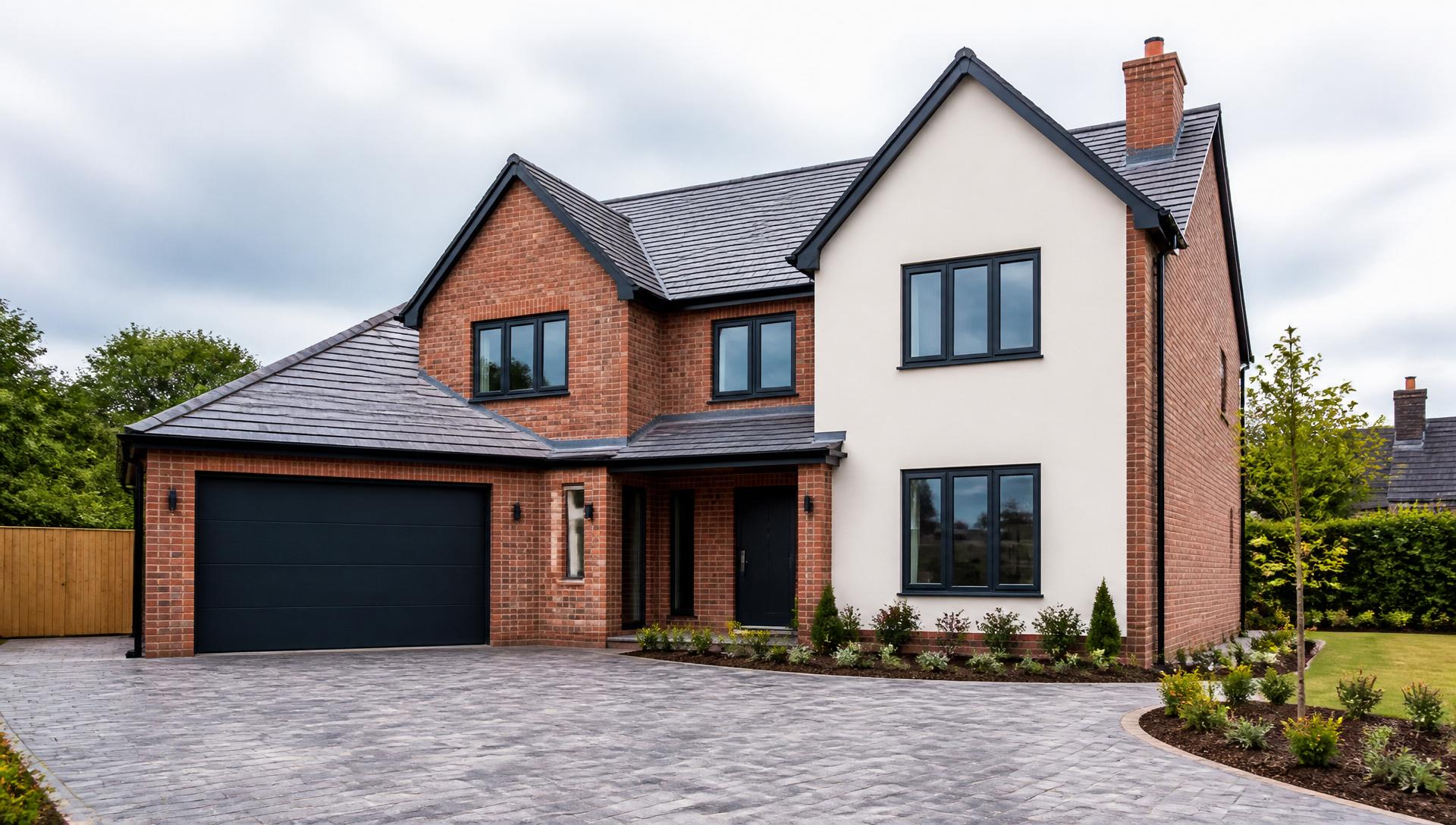 Newly completed UK detached new-build family home with tidy landscaping