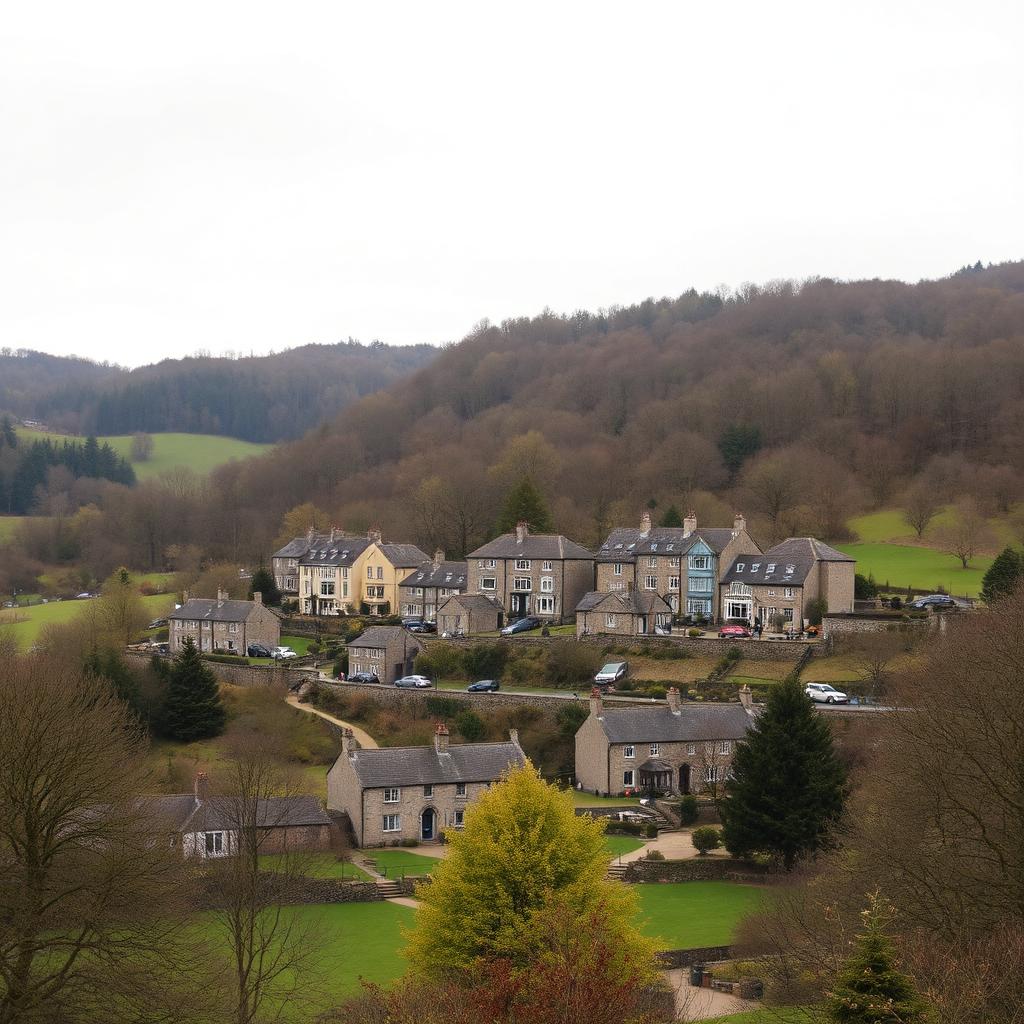 Traditional Welsh terraced houses on the wooded hillsides of Pontypool