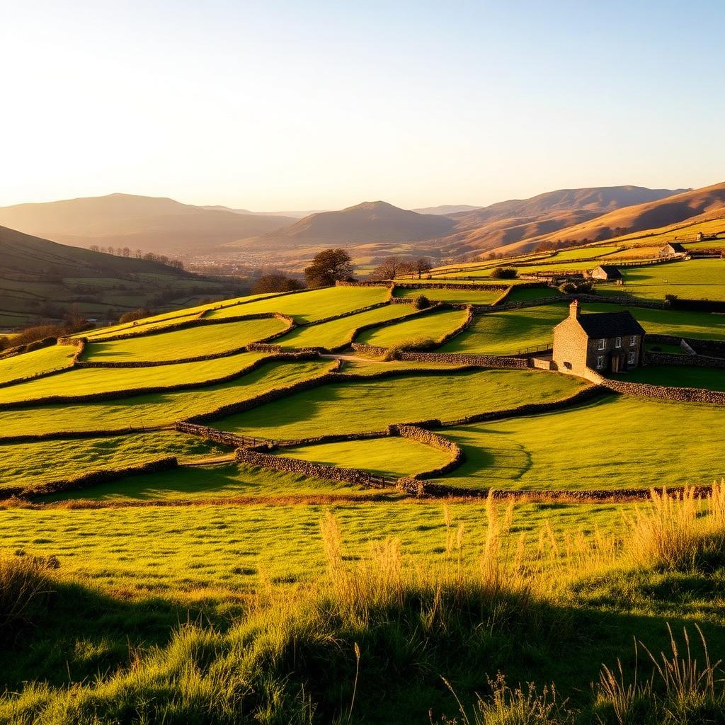 Rural Powys countryside with dry stone walls and a Welsh stone farmhouse
