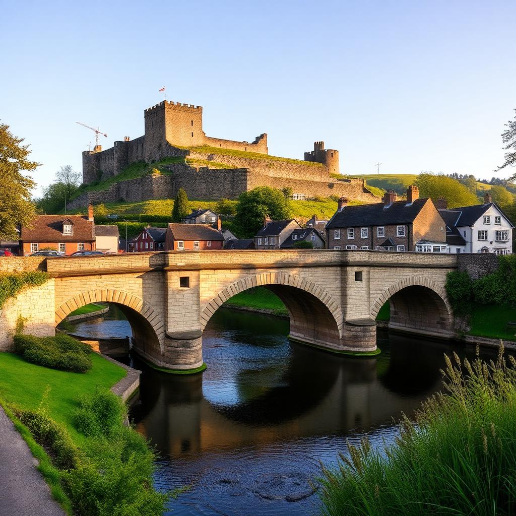 Medieval stone bridge over the River Usk with Usk Castle on the hillside behind